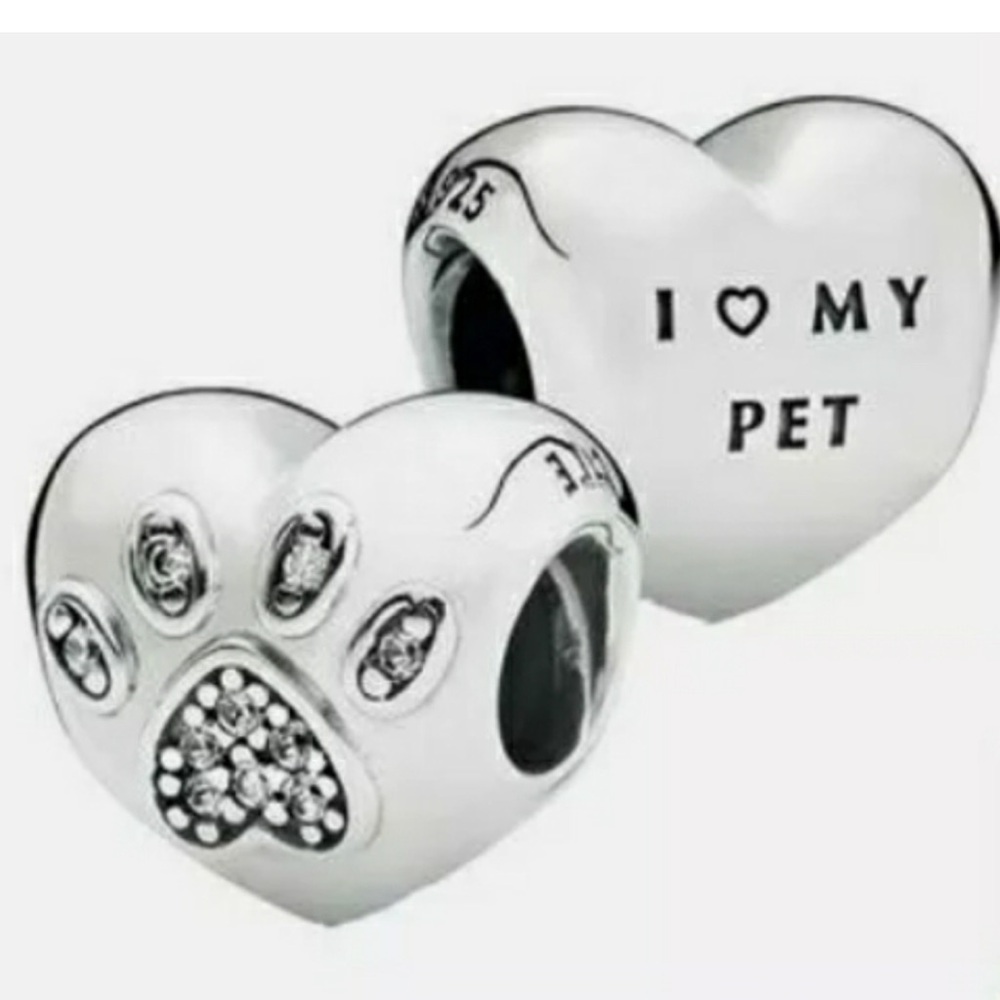 Sterling Silver I Love My Pet Heart Paw Print Bracelet Charm-New